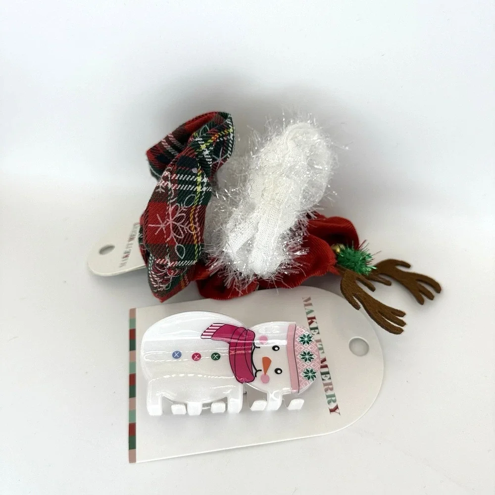 Make It Merry Christmas Hair‎ Scrunchies & Snowman Claw Clip Holiday Set NWT